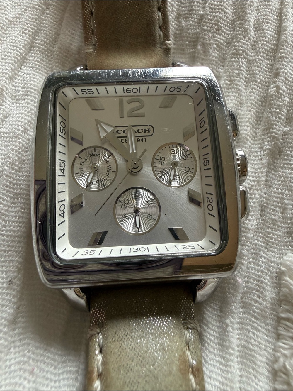 Coach Silver Dial Chronograph Watch with Tan Leather Strap